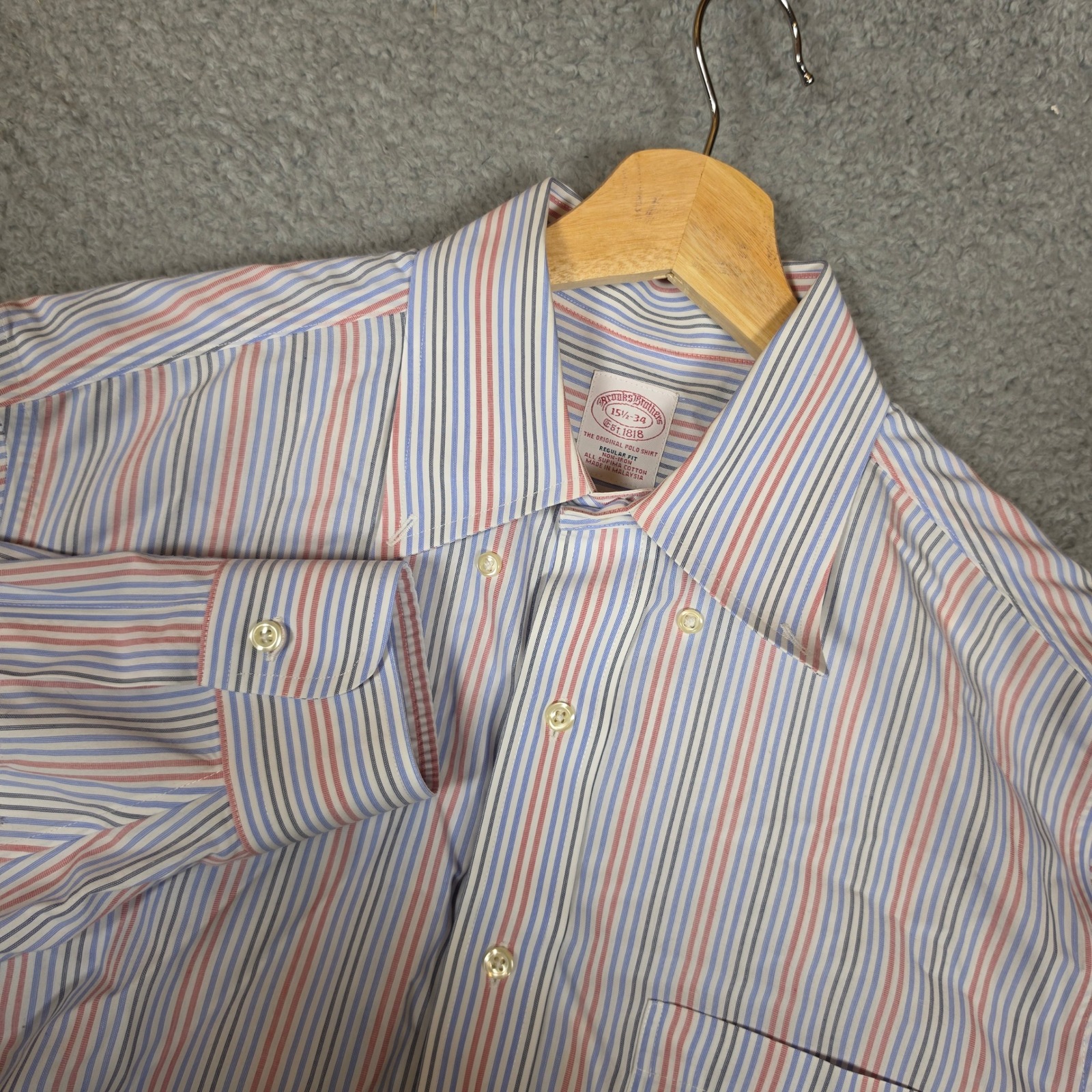 Brooks Brothers Button Down Shirt Mens 15.5-34 Blue Red Striped Excellent Cotton